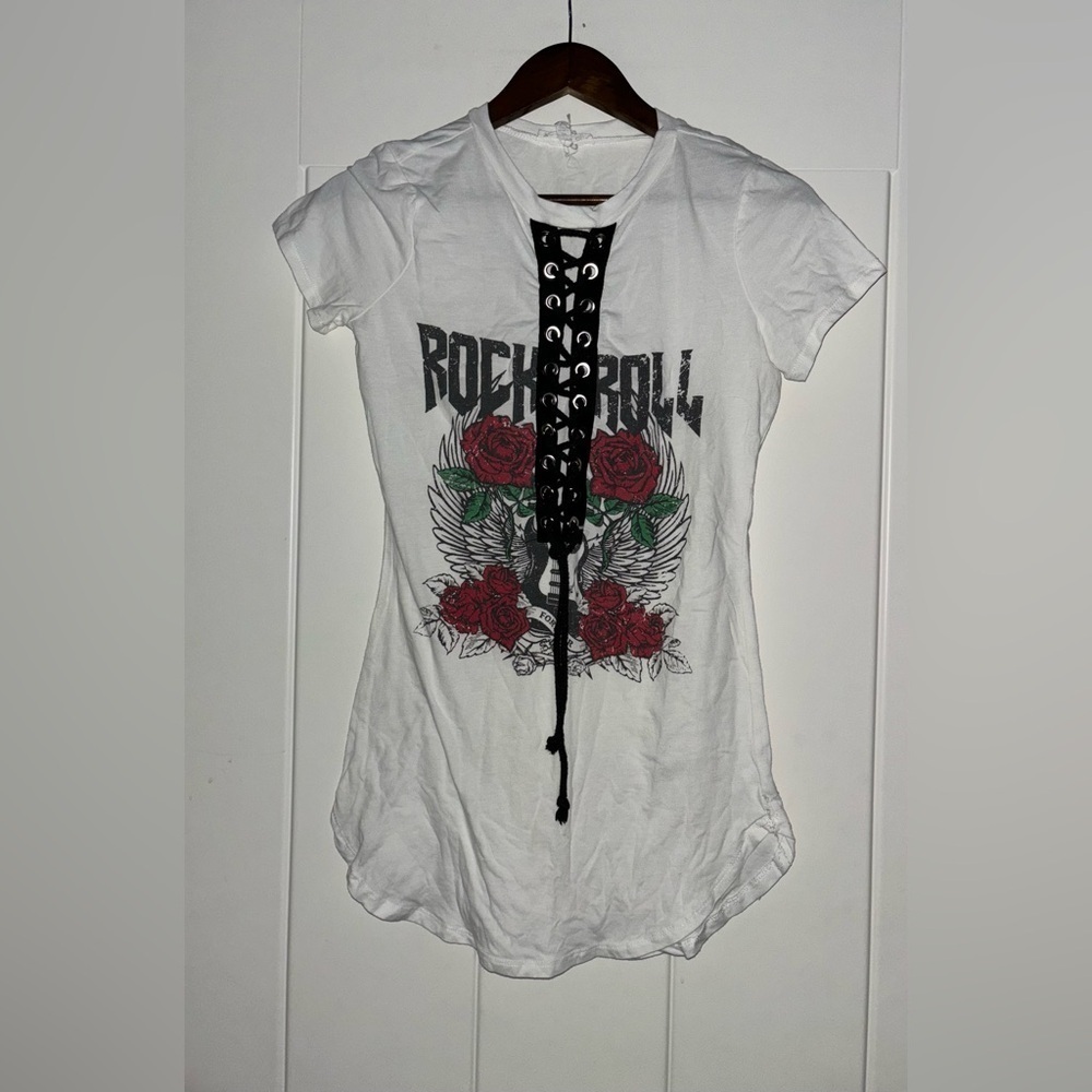 It Girl Rock & Roll Lace‎ Up Floral White Tee Shirt Baddie Punk Rock Women M